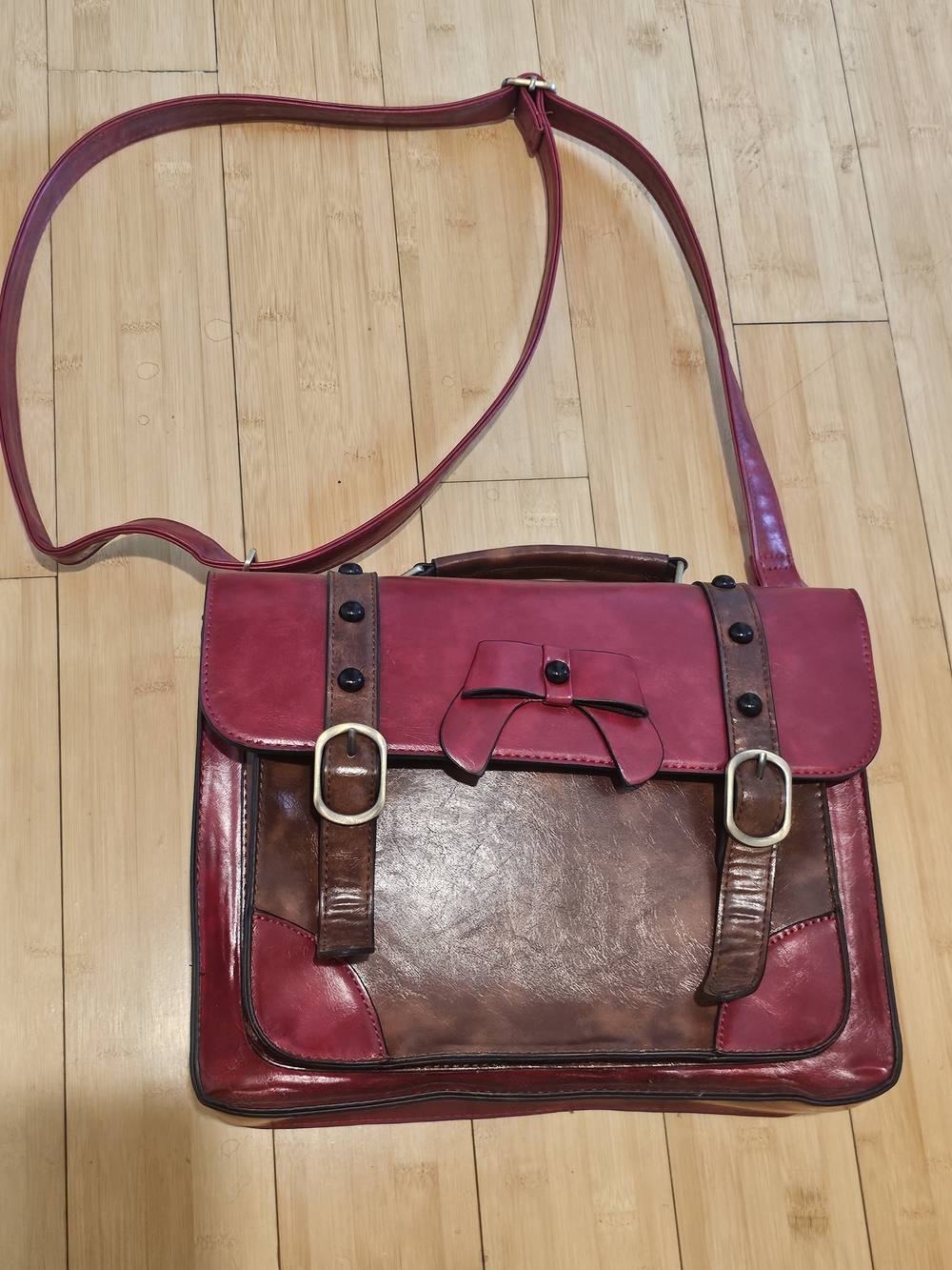Two-Tone Pink and Brown Women's Satchel Crossbody with Bow Detail